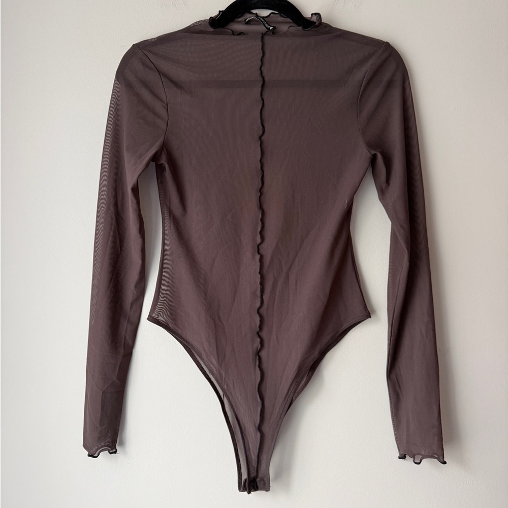 Zara Sheer Brown Mesh Bodysuit with Black Piping